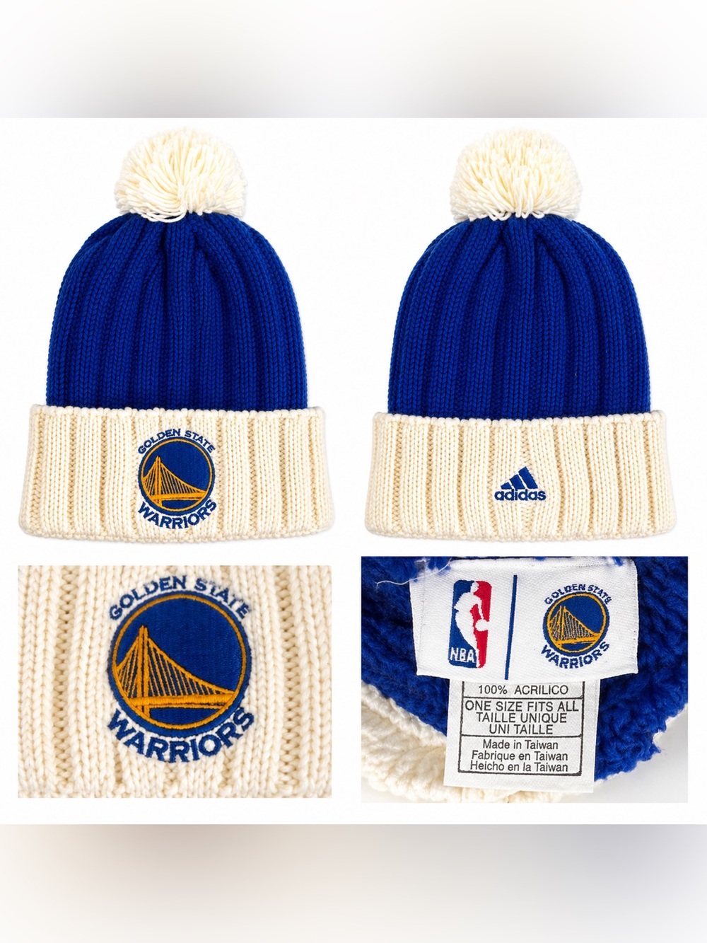 Golden State Warriors Beanie Hat adidas NBA Pom Knit Blue White One Size